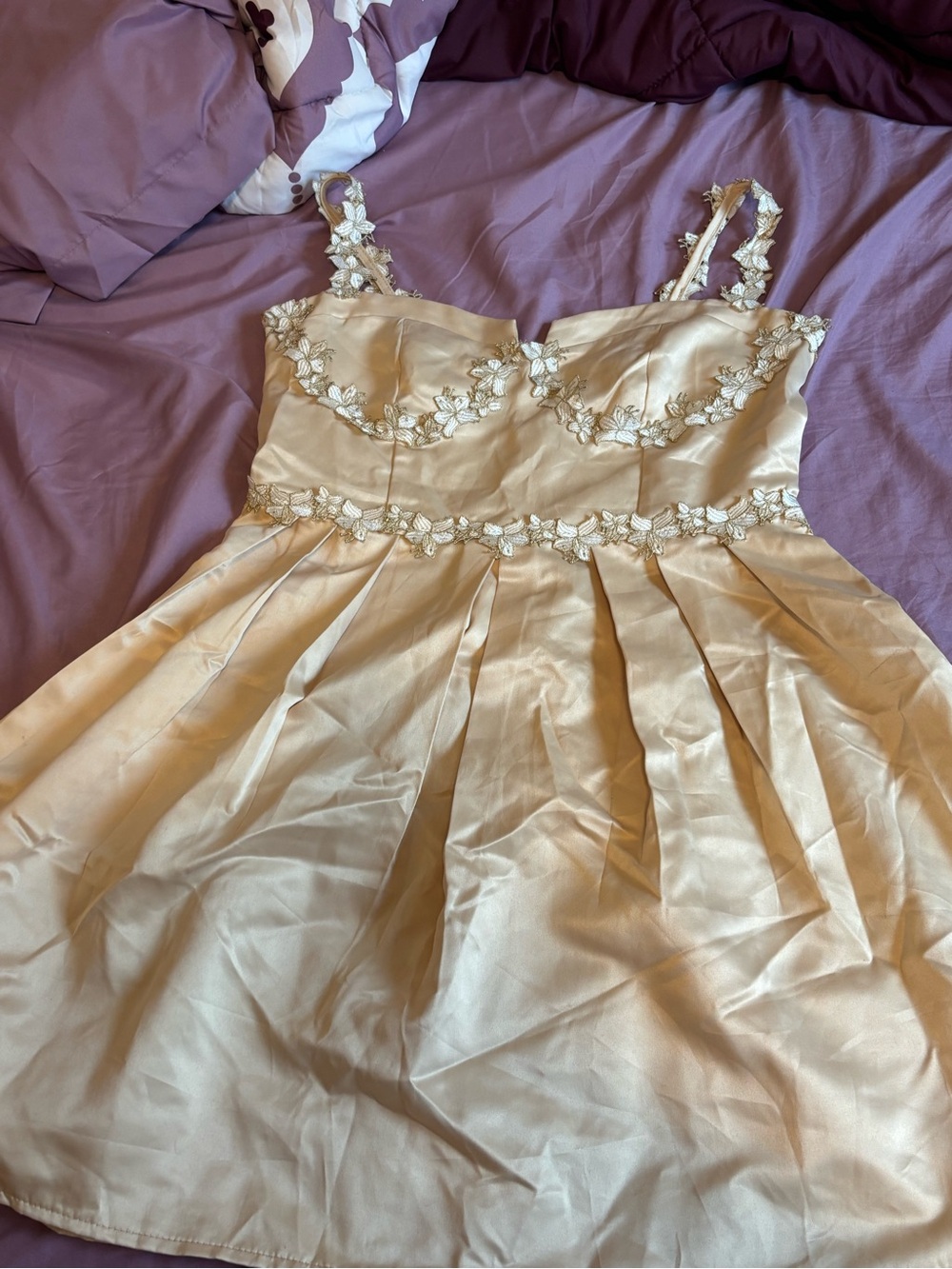Women Floral Appliqué Satin Dress in Champagne